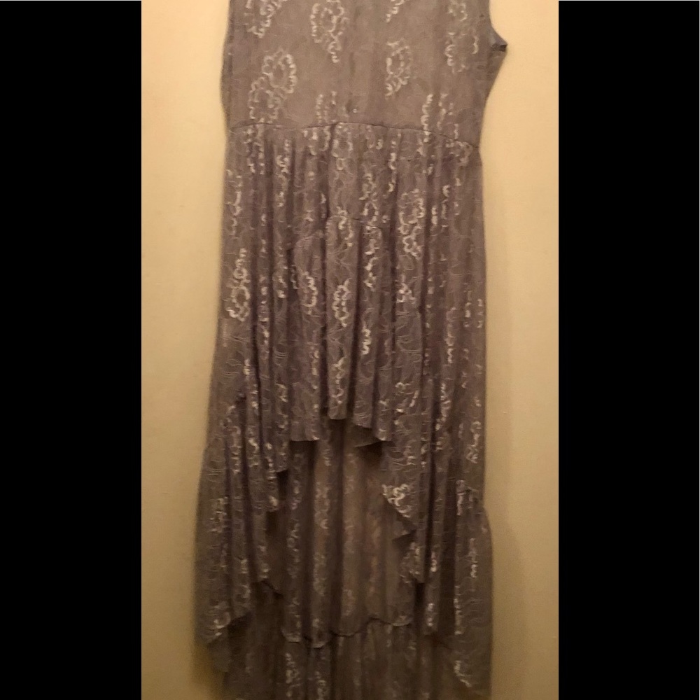 Long grayish purple lace high low maxi dress.